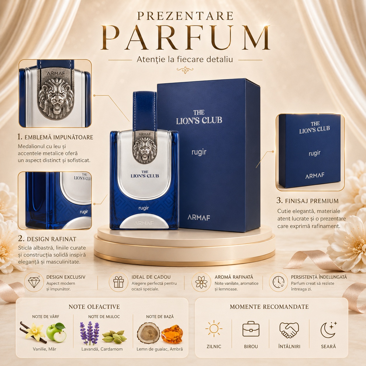 Prezentare Armaf The Lion's Club Rugir cu emblemă impunătoare, design rafinat, finisaj premium, vanilie, măr, lavandă, cardamom, lemn de guaiac și ambră