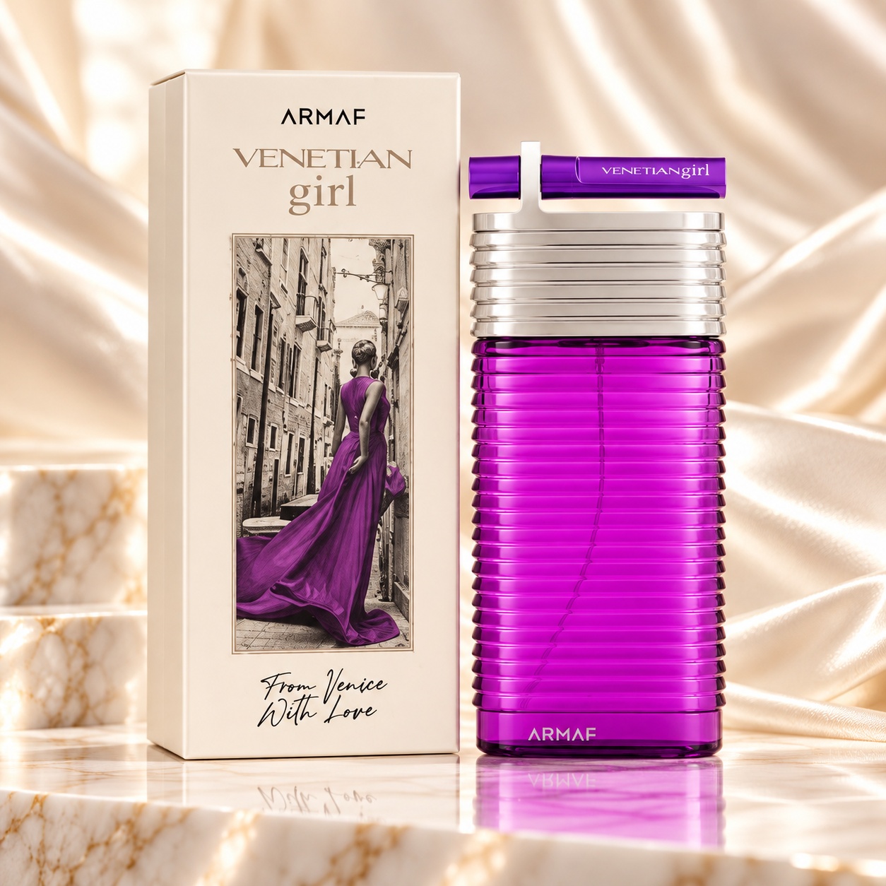 Armaf Venetian Girl From Venice With Love parfum de damă cu flacon mov și cutie premium