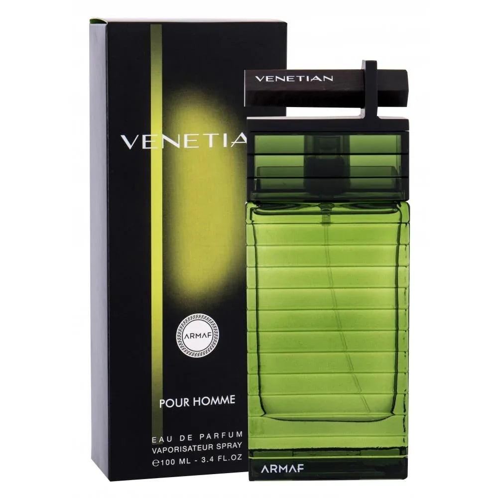 Cutie originală Armaf Venetian Pour Homme 100 ml și flacon verde transparent cu capac negru