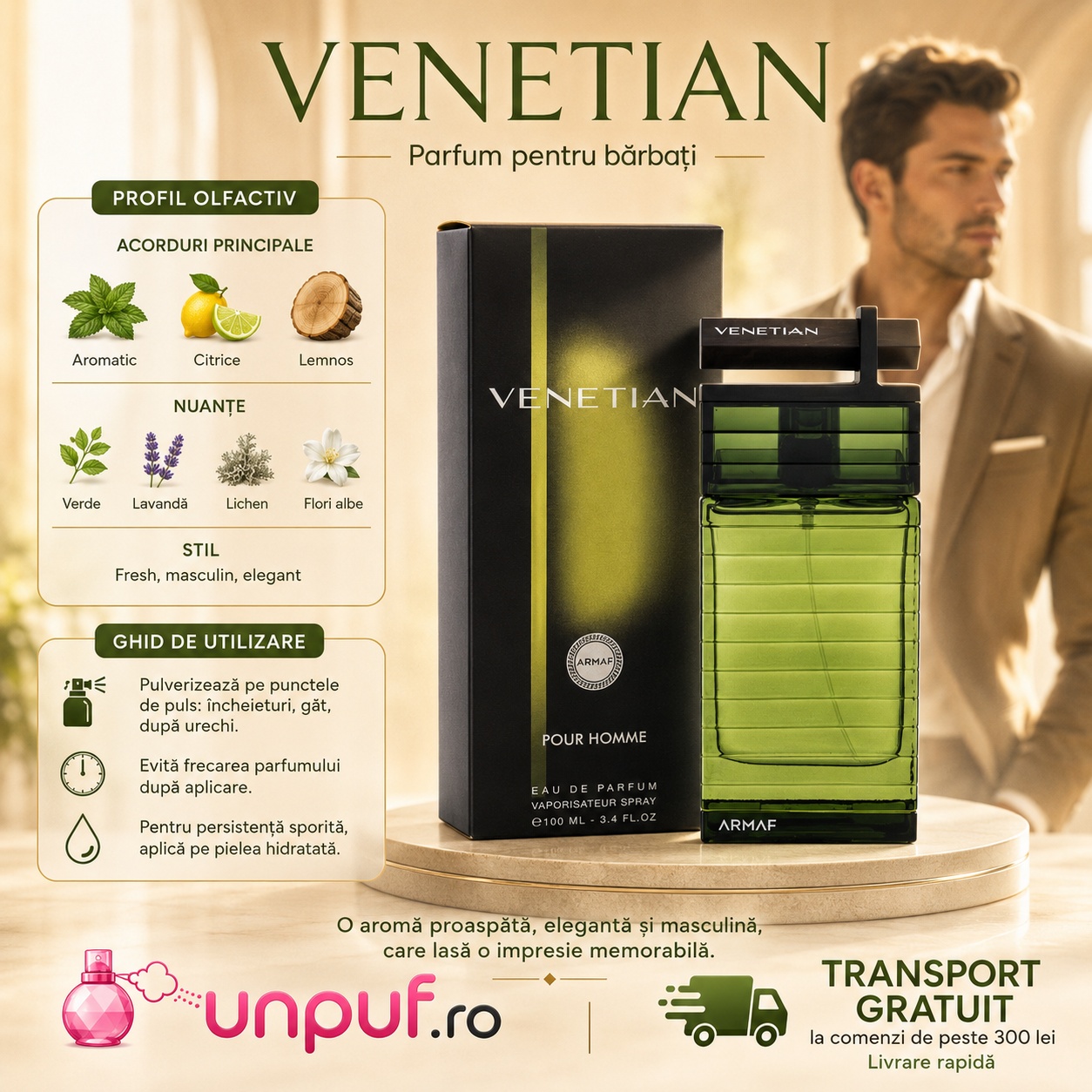 Venetian parfum pentru bărbați cu profil aromatic, citrice, lemnos, verde, lavandă, lichen și flori albe