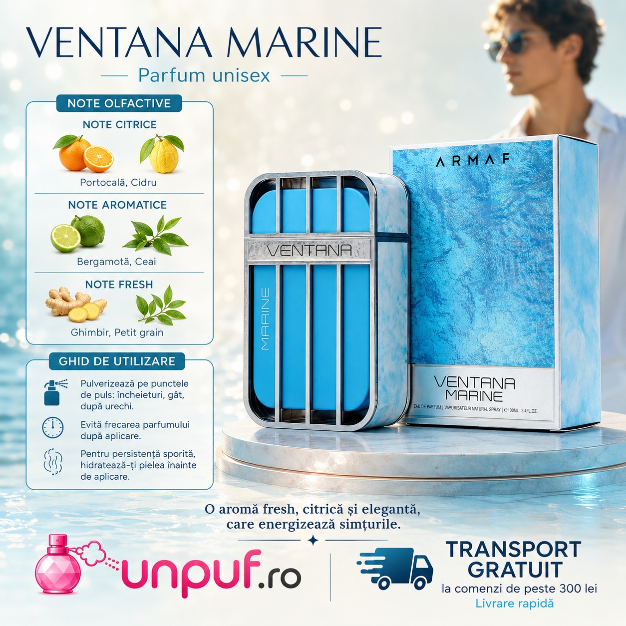 Ventana Marine parfum cu portocală, cedru, bergamotă, ceai, ghimbir, petit grain și ghid de utilizare