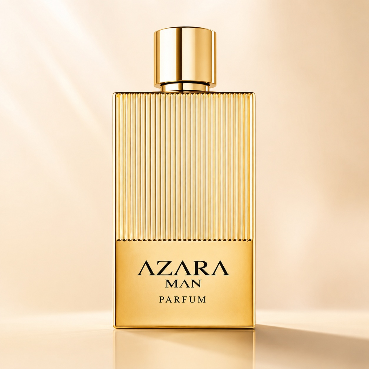 Flacon Azara Man Fragrance World 100 ml parfum bărbat auriu cu design striat și capac lucios