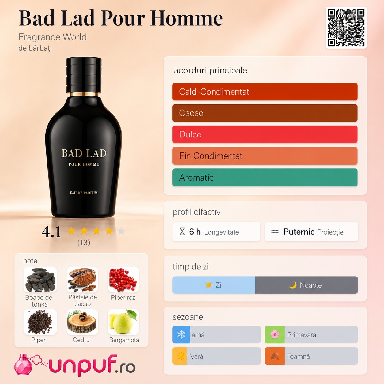 Bad Lad Pour Homme Fragrance World prezentare acorduri principale cald condimentat cacao dulce fin condimentat aromatic cu note tonka cacao piper roz piper cedru și bergamotă