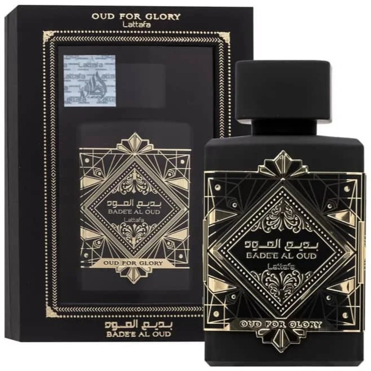 Cutie originală Bade&rsquo;e Al Oud For Glory Lattafa 100 ml și flacon parfum arabesc unisex