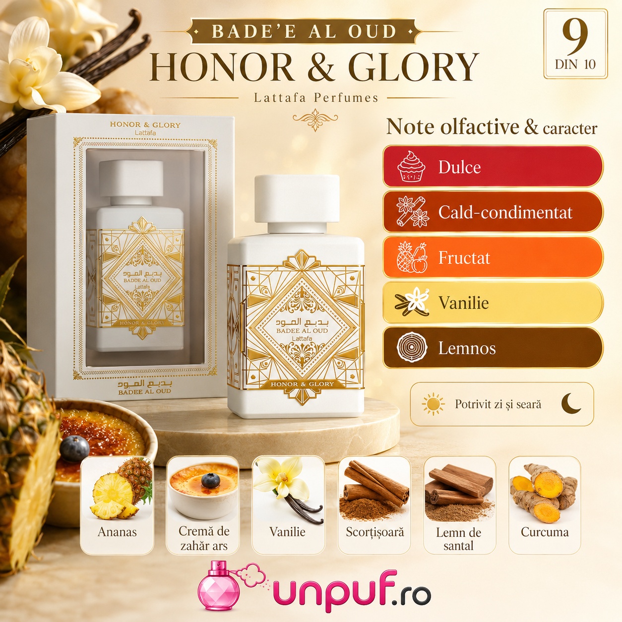 Lattafa Bade&rsquo;e Al Oud Honor & Glory parfum cu note olfactive dulci, cald condimentate, fructate, vanilate și lemnoase, potrivit zi și seară