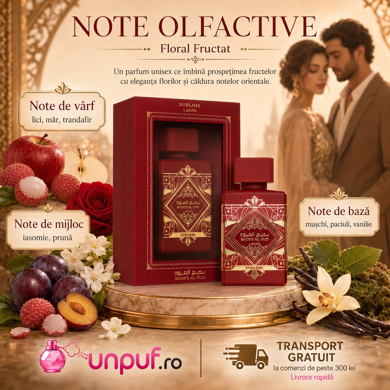 Note olfactive Bade&rsquo;E Al Oud Sublime Lattafa lici măr trandafir iasomie prună mușchi paciuli vanilie