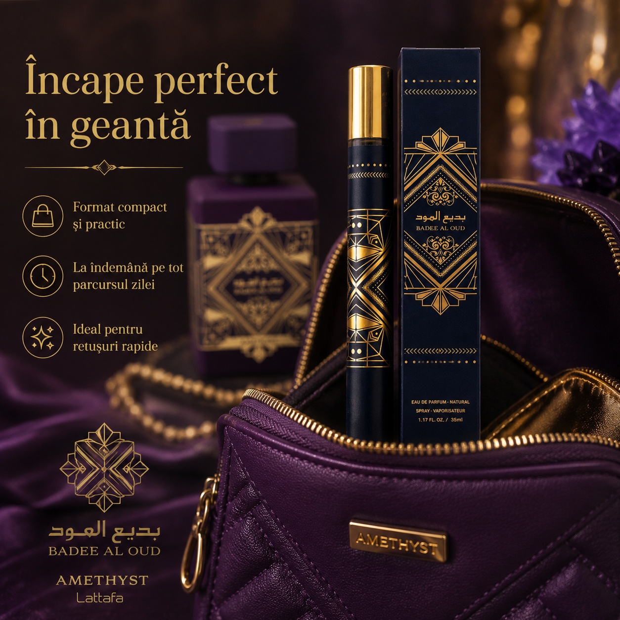 Badee Al Oud 35 ml &icirc;ncape perfect &icirc;n geantă format compact și practic pentru retușuri rapide