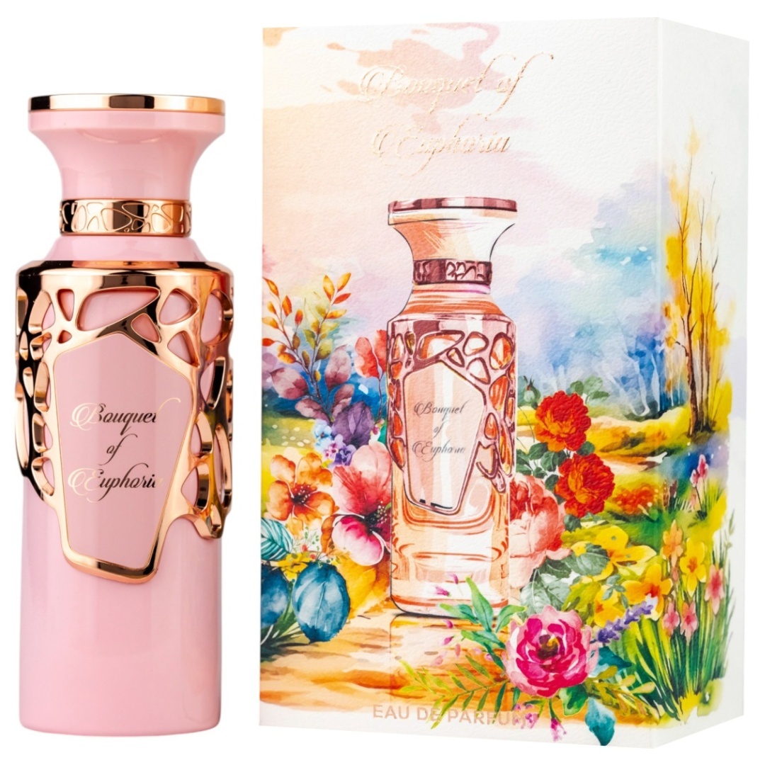 Parfum Bouquet of Euphoria Fragrance World 100 ml imagine produs pe fundal alb cu flacon roz și cutie florală