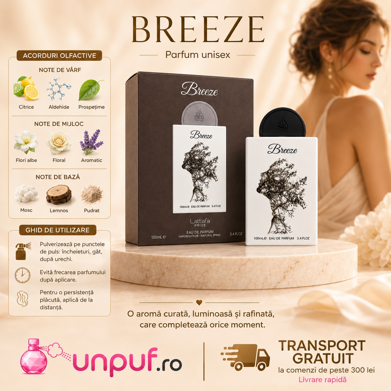 Note olfactive și ghid de utilizare Breeze Lattafa Pride cu citrice, aldehide, prospețime, flori albe, floral, aromatic, mosc, lemnos și pudrat