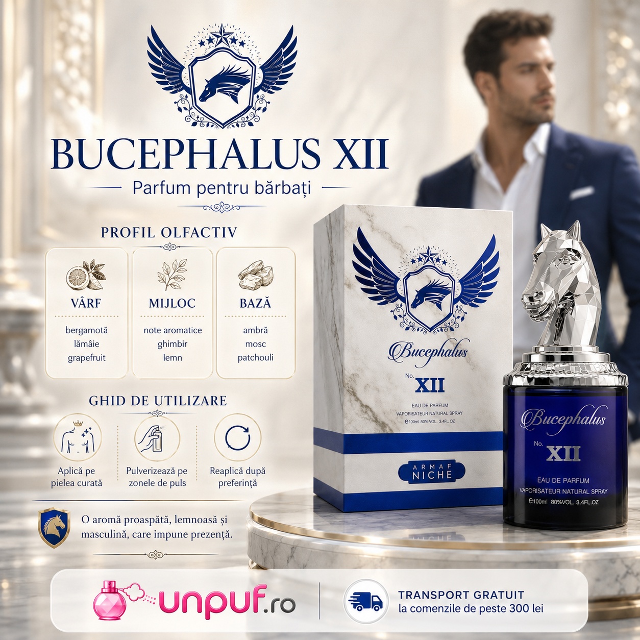 Bucephalus No. XII parfum pentru bărbați cu bergamotă, lăm&acirc;ie, grapefruit, ghimbir, note aromatice, lemn, ambră, mosc și patchouli