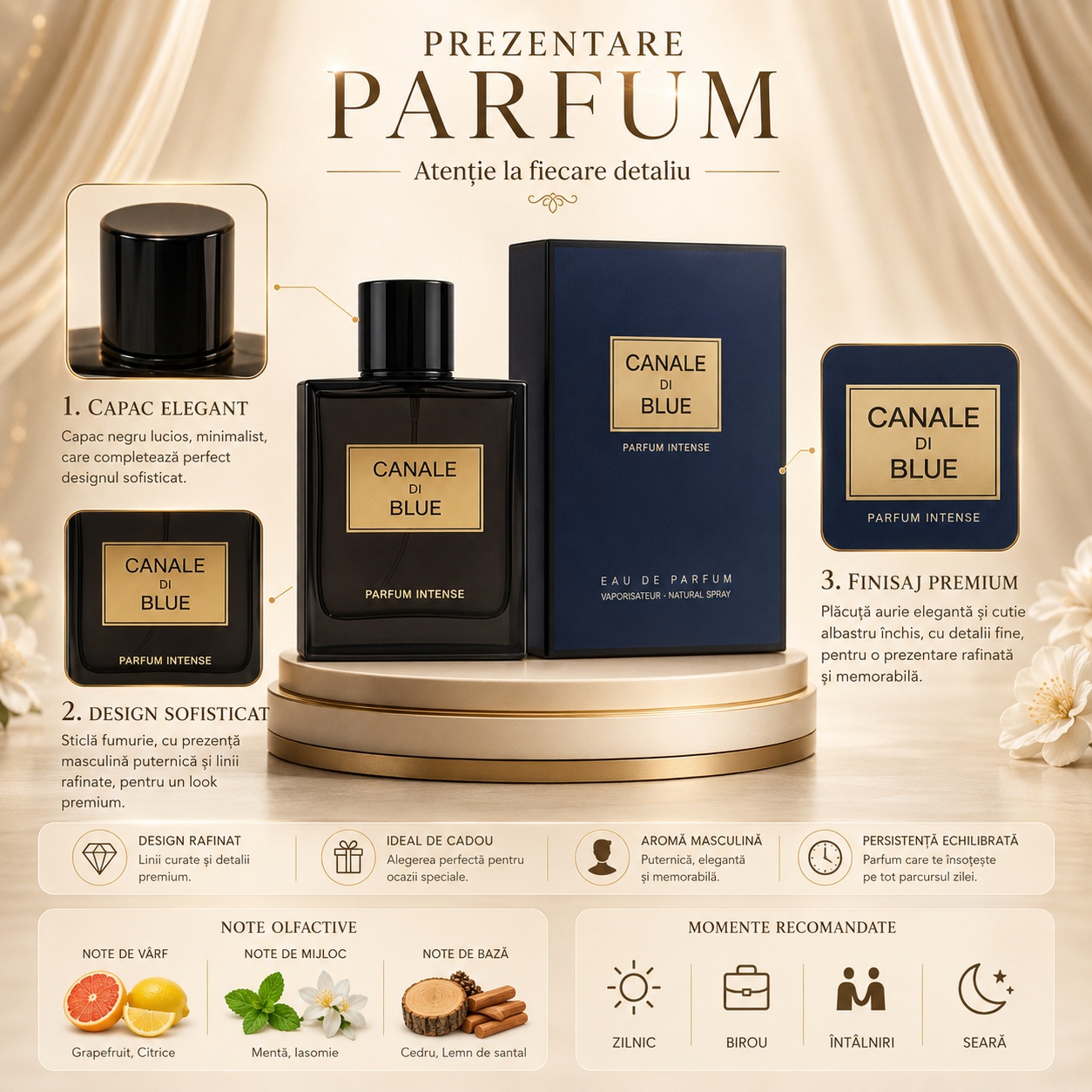 Prezentare parfum Canale Di Blue Fragrance World cu detalii despre flacon, cutie, note olfactive și momente recomandate