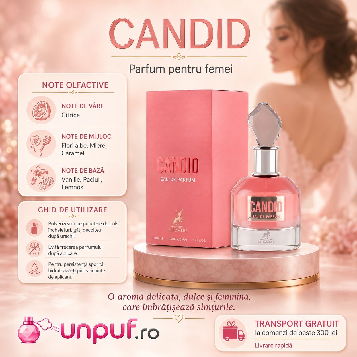 Note olfactive și ghid de utilizare Candid Maison Alhambra cu citrice, flori albe, miere, caramel, vanilie, paciuli și lemnos