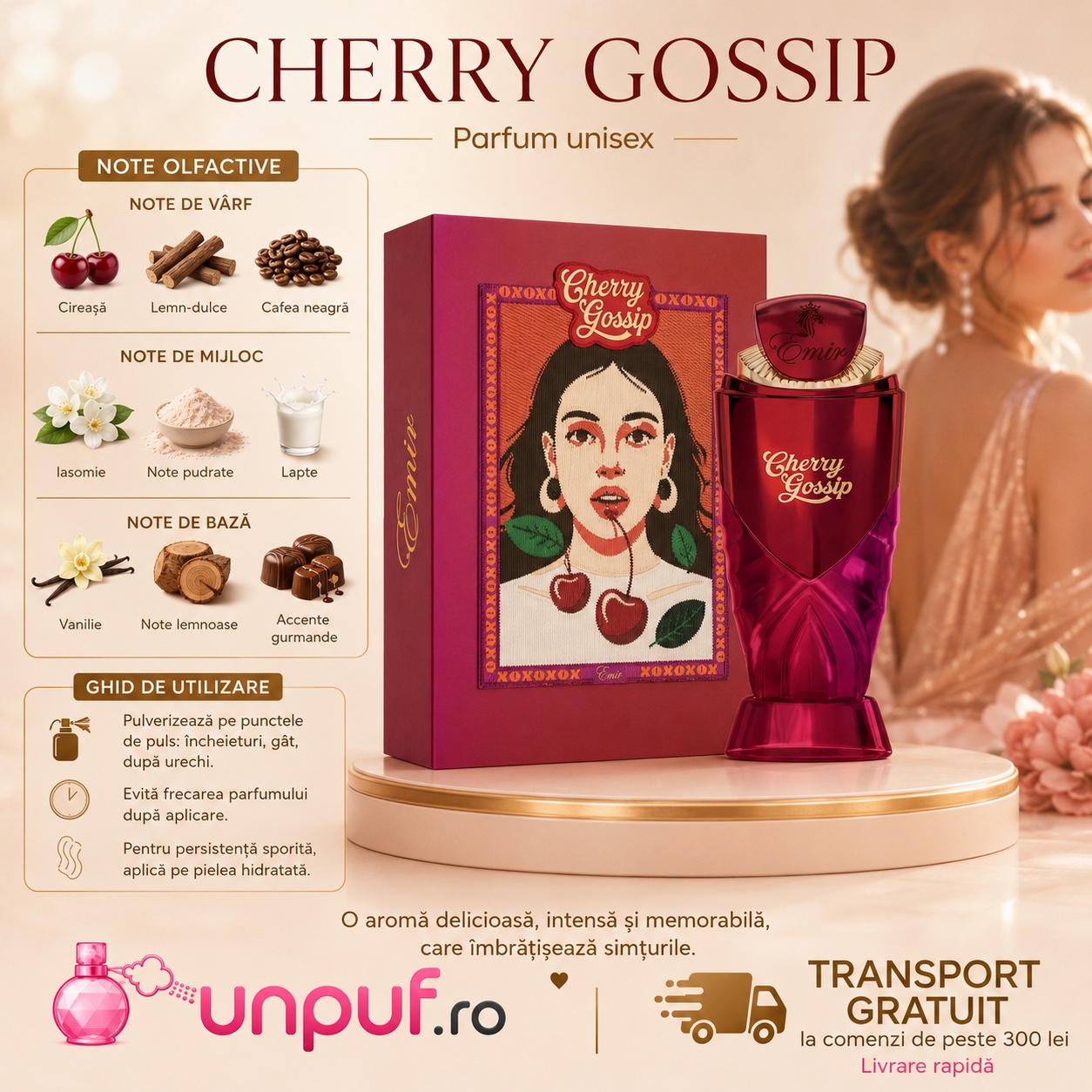Cherry Gossip parfum pentru damă cu cireșe, migdale amare, bergamotă, lichior de cireșe, iasomie, trandafir, tonka, mosc și vanilie