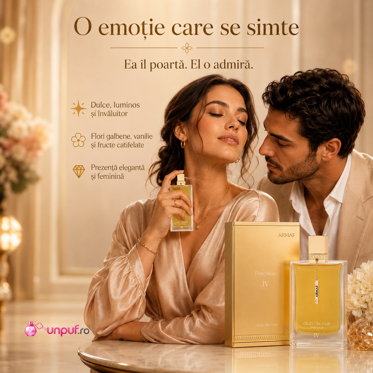 Armaf Club De Nuit Precieux IV o emoție care se simte, dulce, luminos, &icirc;nvăluitor, cu flori galbene, vanilie și fructe catifelate