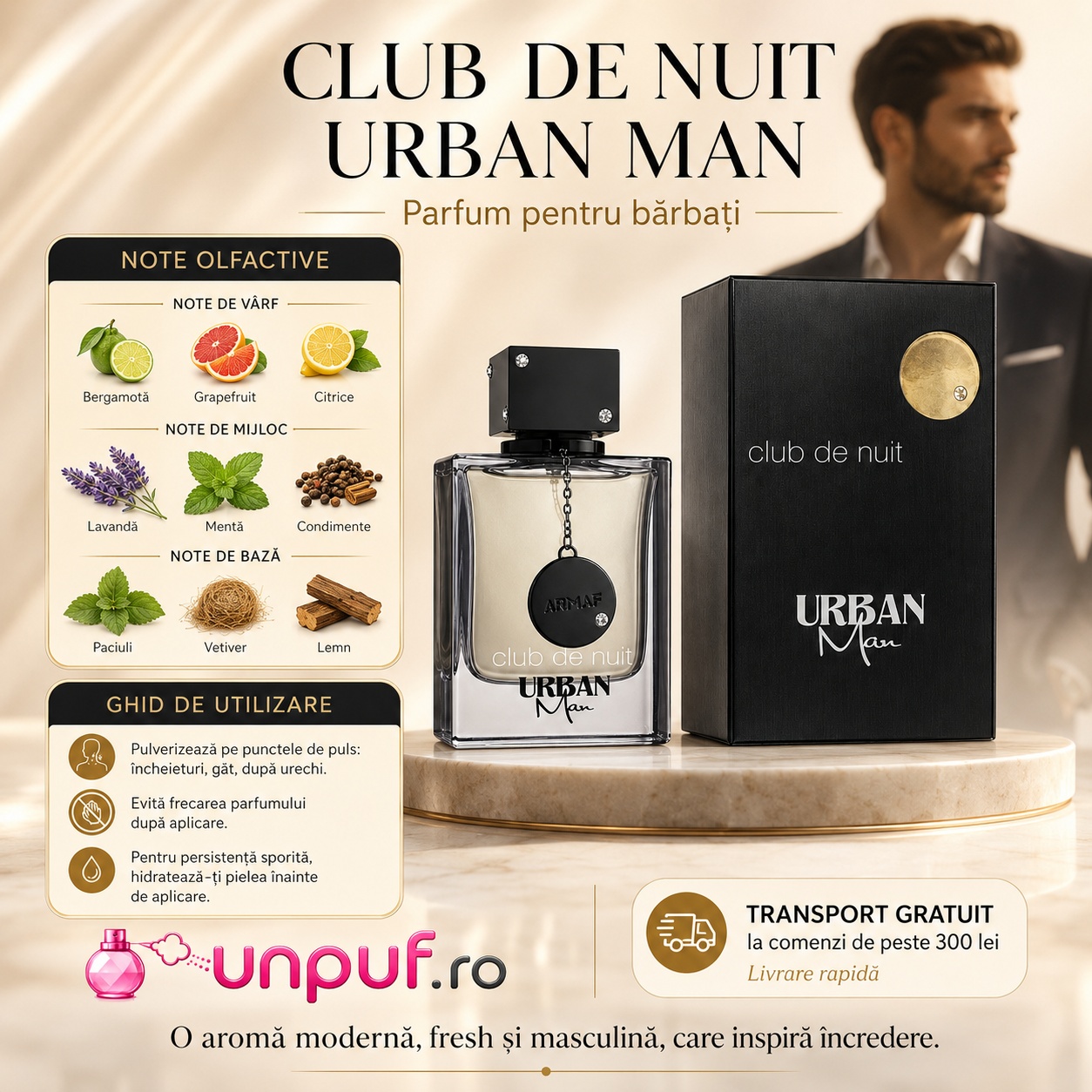 Armaf Club De Nuit Urban Man parfum pentru bărbați cu bergamotă, grapefruit, citrice, lavandă, mentă, condimente, paciuli, vetiver și lemn