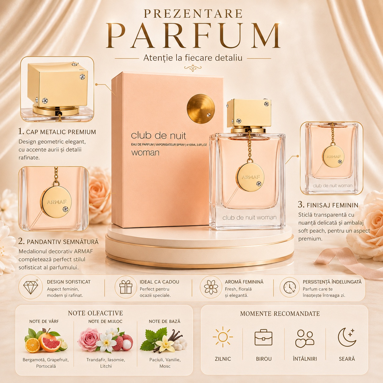 Prezentare Armaf Club De Nuit Woman cu capac metalic premium, pandantiv semnătură, finisaj feminin și note olfactive