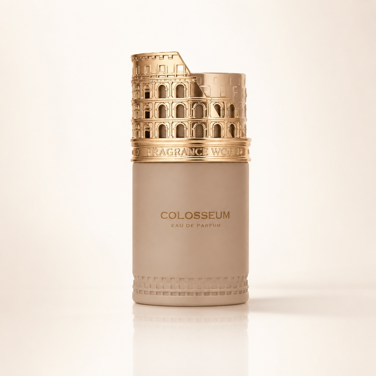 Flacon Colosseum Fragrance World 100 ml parfum unisex cu design bej și capac auriu &icirc;n formă de Colosseum