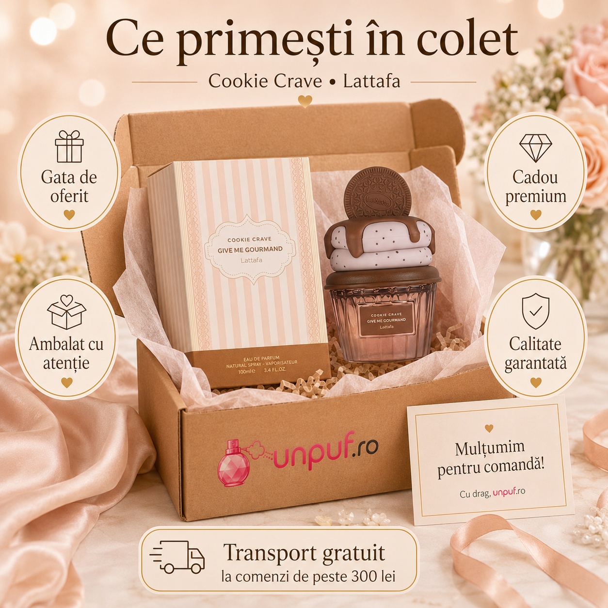 Ce primești &icirc;n colet Cookie Crave Lattafa 75 ml parfum unisex ambalat cu atenție cadou premium