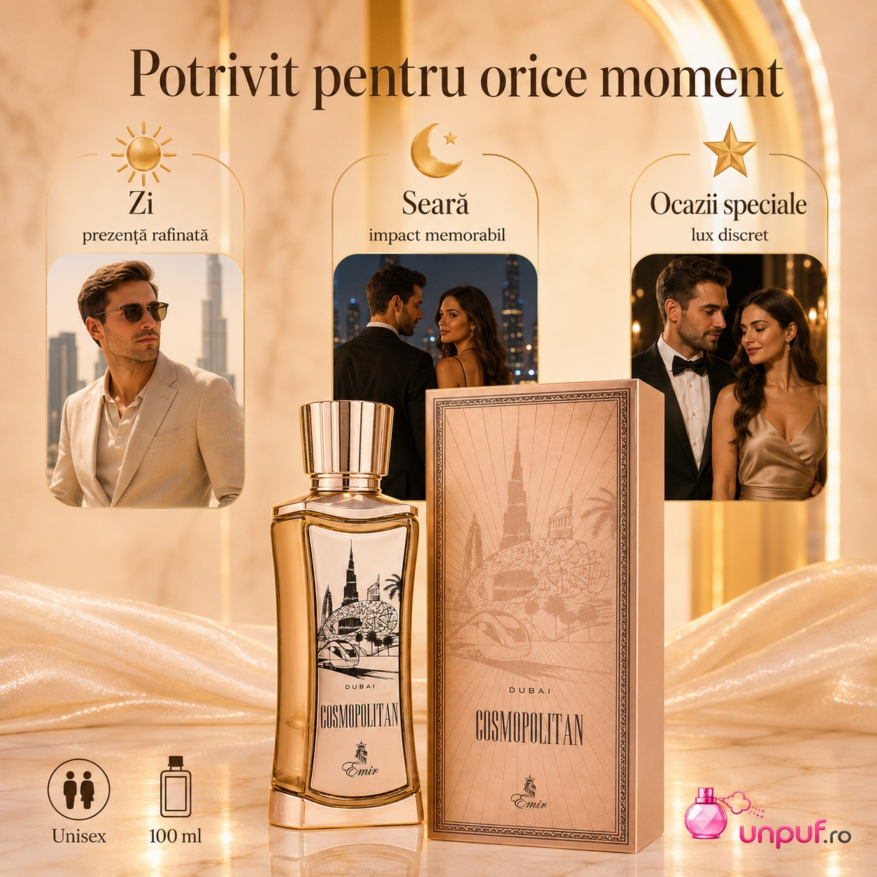 Cosmopolitan Dubai Emir potrivit pentru zi, seară și ocazii speciale cu prezență rafinată, impact memorabil și lux discret