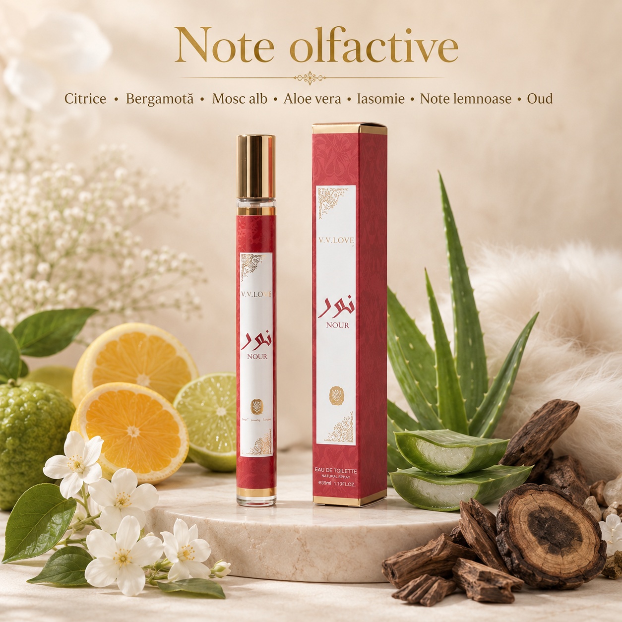 Note olfactive parfum Nour citrice bergamotă mosc alb aloe vera iasomie note lemnoase oud