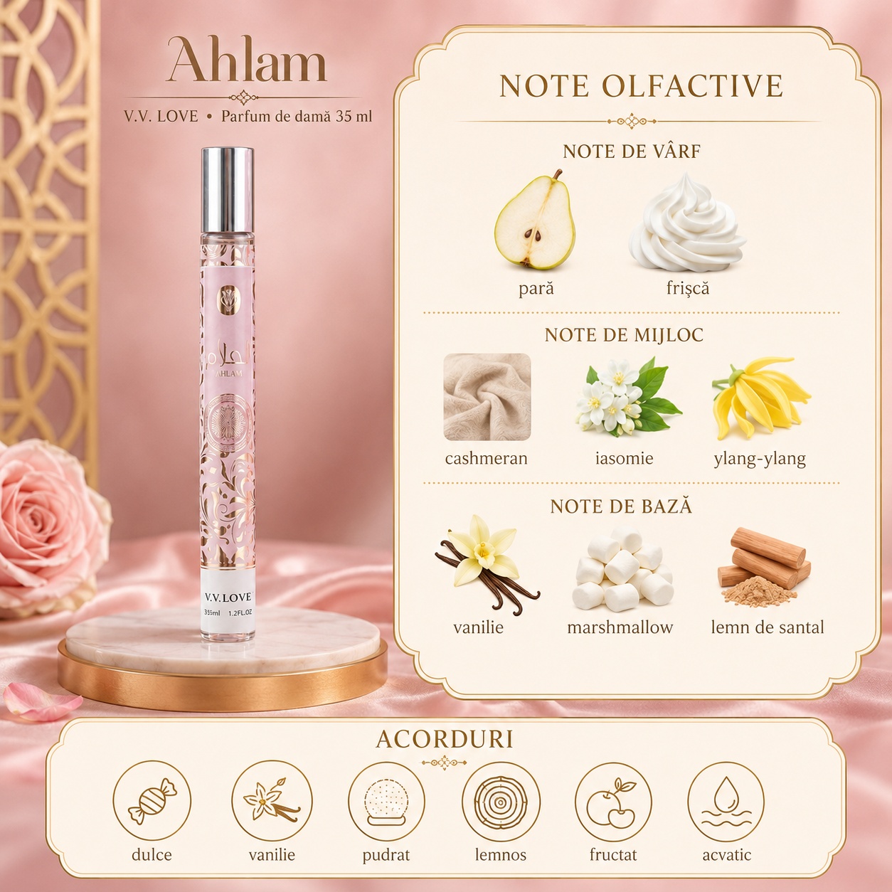 Note olfactive parfum Ahlam pară frișcă cashmeran iasomie ylang ylang vanilie marshmallow lemn de santal