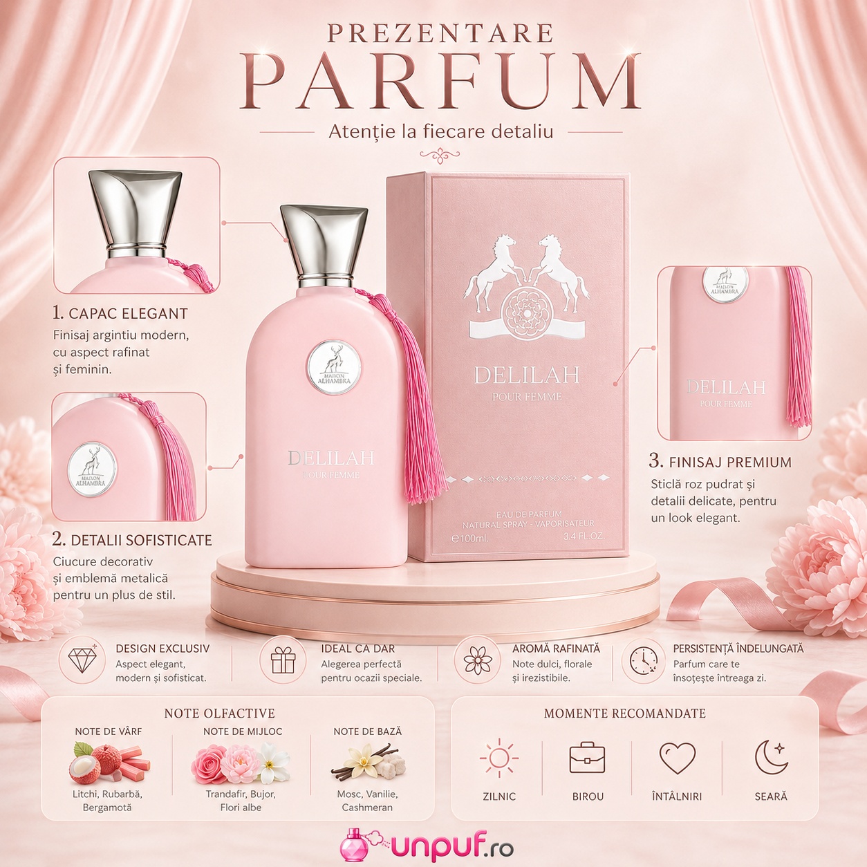 Prezentare parfum Delilah Maison Alhambra cu detalii premium, capac elegant, finisaj roz pudrat și note olfactive florale