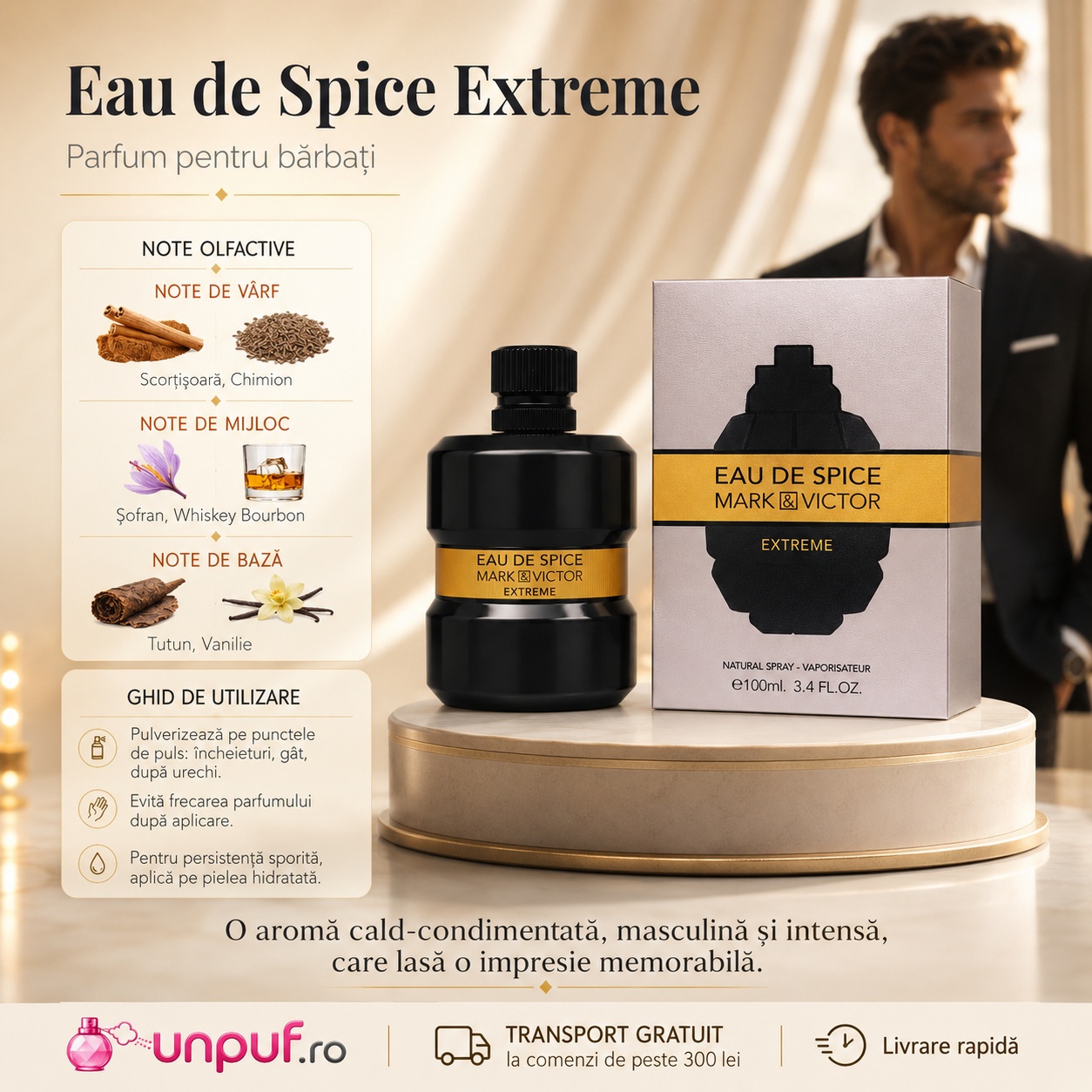 Eau De Spice Extreme Mark & Victor note olfactive și ghid de utilizare parfum pentru bărbați cu scorțișoară chimion șofran whiskey tutun și vanilie