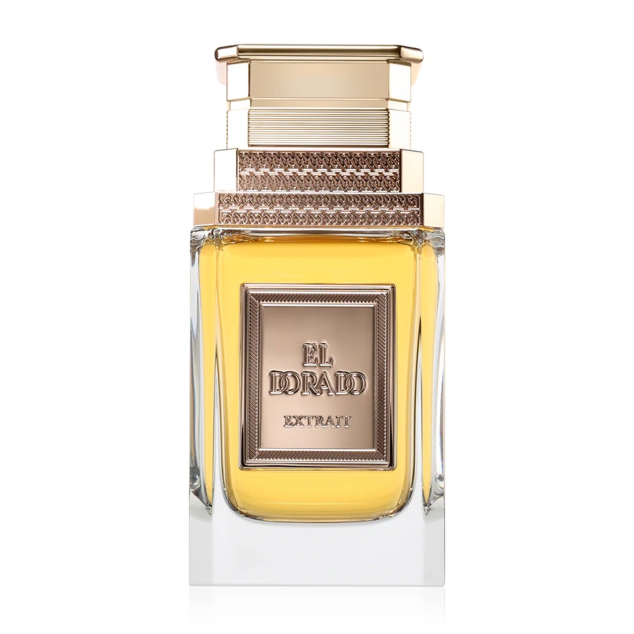 Produs real El Dorado Extract de Parfum 100 ml cu sticlă aurie și ambalaj premium
