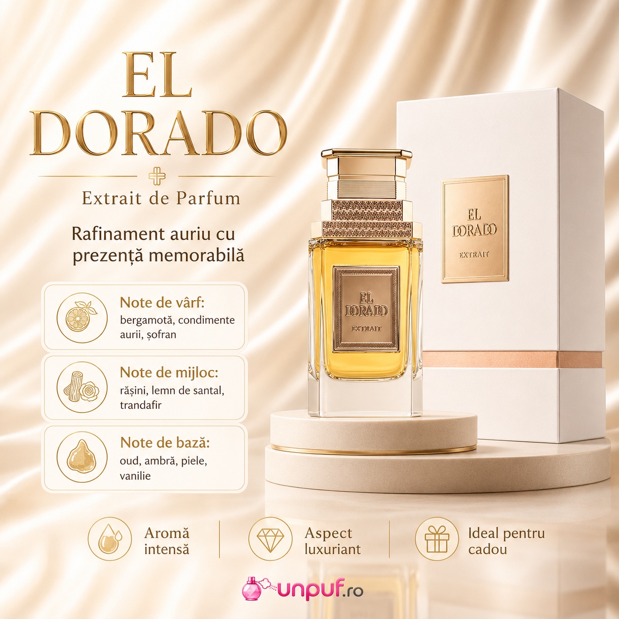 Prezentare parfum El Dorado Extract de Parfum cu sticlă aurie, ambalaj alb premium și detalii de lux