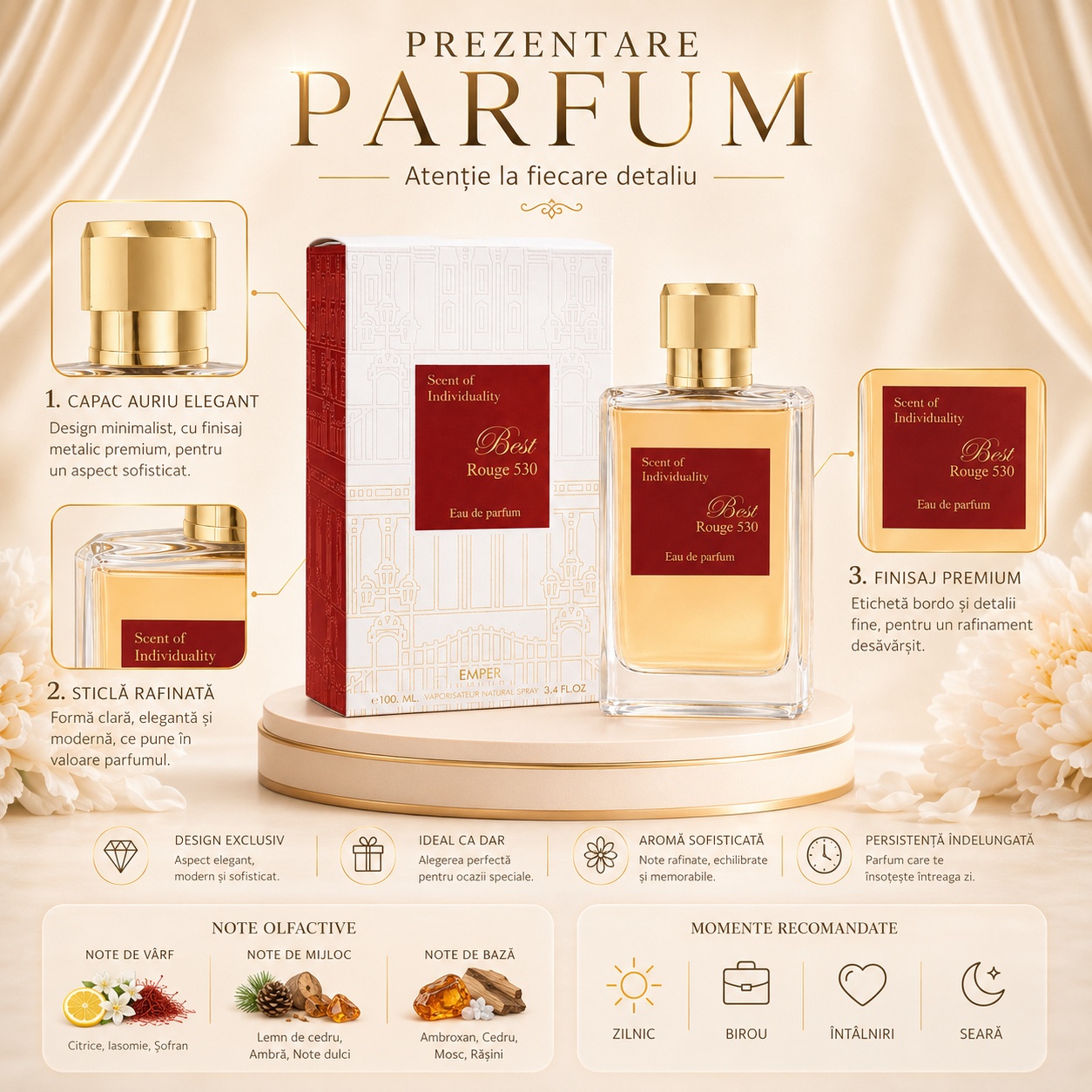 Prezentare parfum Emper Best Rouge 530 cu detalii premium, capac auriu, sticlă rafinată, note olfactive și momente recomandate