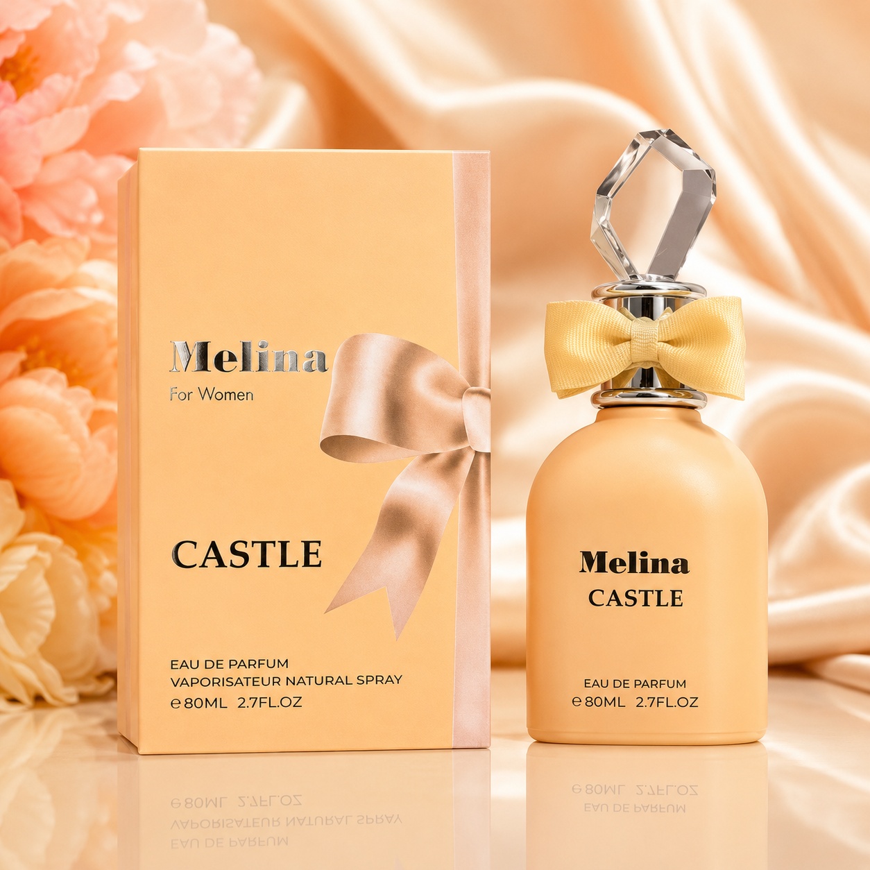 Parfum Arăbesc Emper Melina Castle 80 ml cu sticlă piersicie, fundiță delicată, capac bijuterie și cutie premium