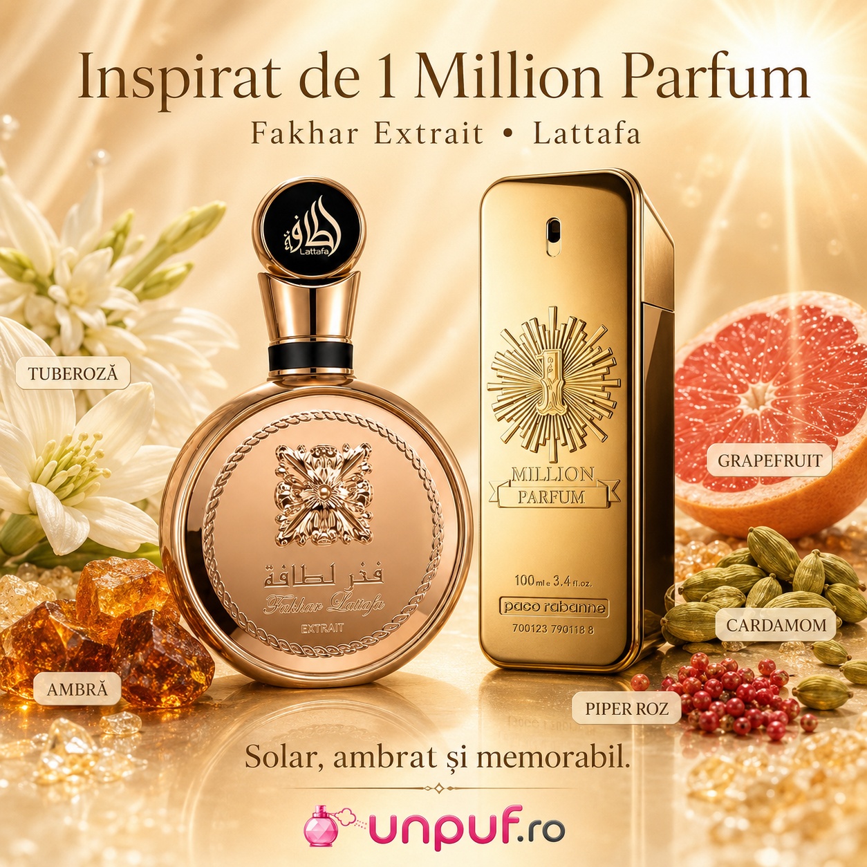 Fakhar Extrait Gold Lattafa Pride inspirat din 1 Million Parfum Paco Rabanne, parfum solar ambrat și memorabil
