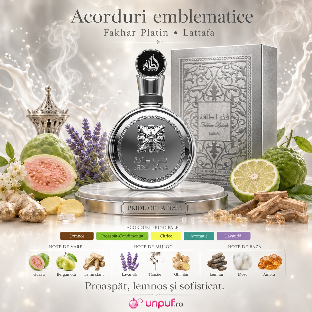 Fakhar Platin Lattafa Pride acorduri emblematice cu guava, bergamotă, lavandă, ghimbir, tăm&acirc;ie, Palo Santo și lemn de santal