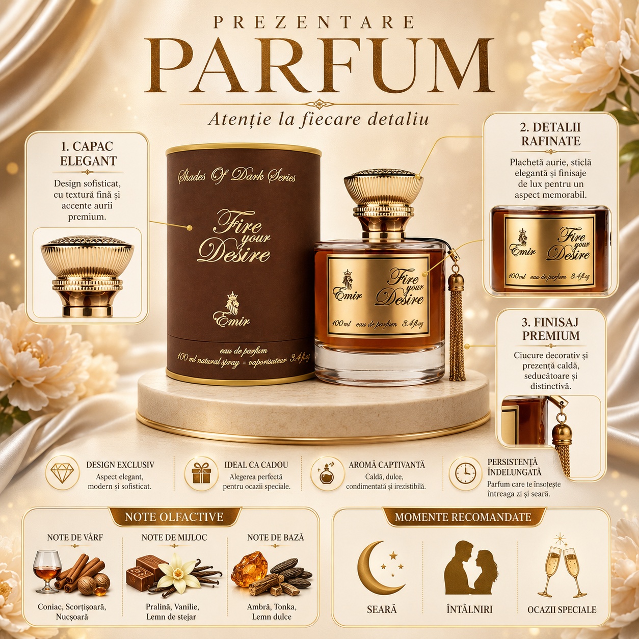 Prezentare Fire Your Desire Emir cu capac elegant, detalii rafinate, finisaj premium, aromă captivantă, persistență &icirc;ndelungată și note de coniac, scorțișoară, nucșoară, pralină, vanilie și lemn de stejar