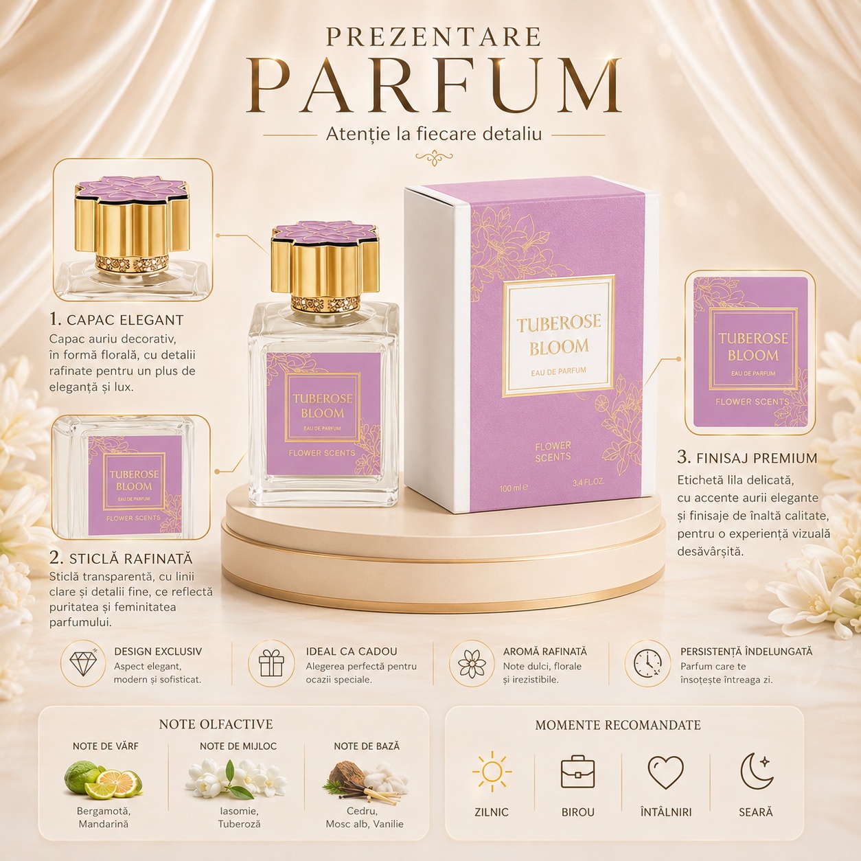 Prezentare parfum Flower Scents Tuberose Bloom cu detalii despre design, note olfactive și momente recomandate
