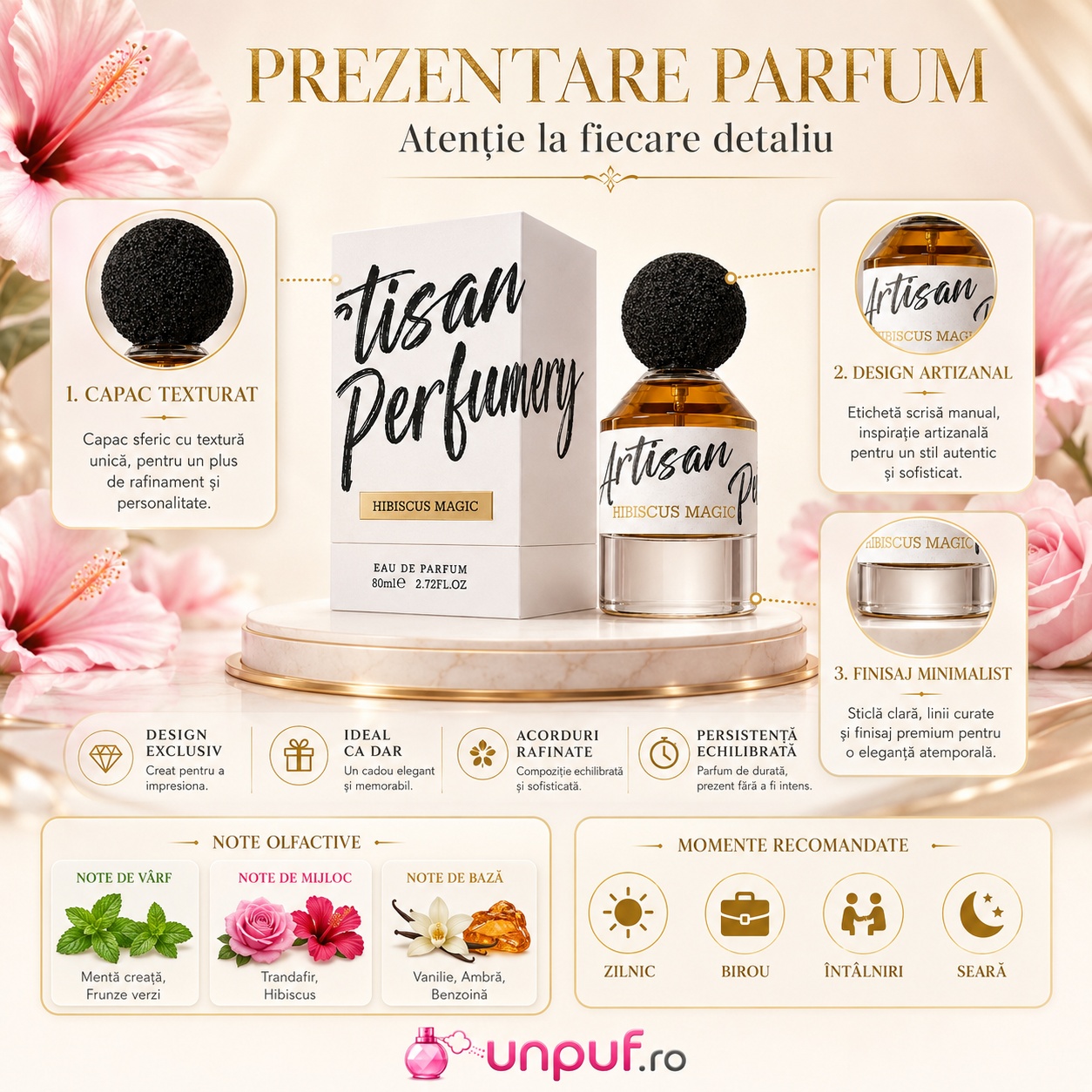 Prezentare parfum Hibiscus Magic Fragrance World cu detalii capac texturat, design artizanal, note olfactive și momente recomandate