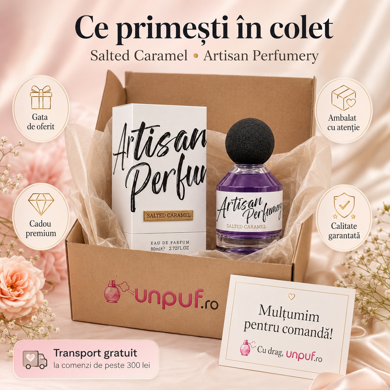 Ce primești &icirc;n colet Salted Caramel Fragrance World 80 ml parfum unisex ambalat cu atenție cadou premium
