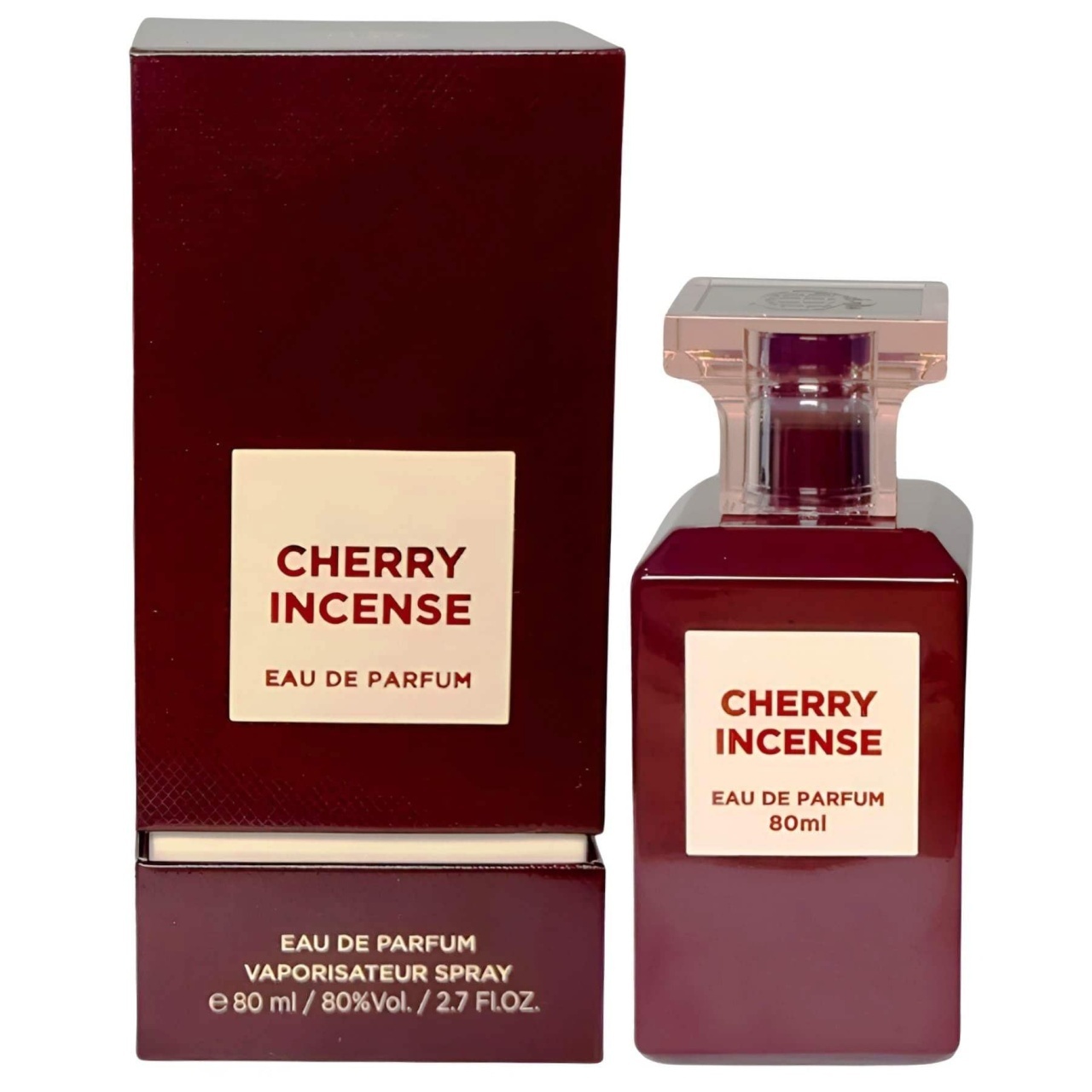 Fragrance World Cherry Incense 80ml pe fundal alb, parfum arabesc unisex cu sticlă și cutie vișinie