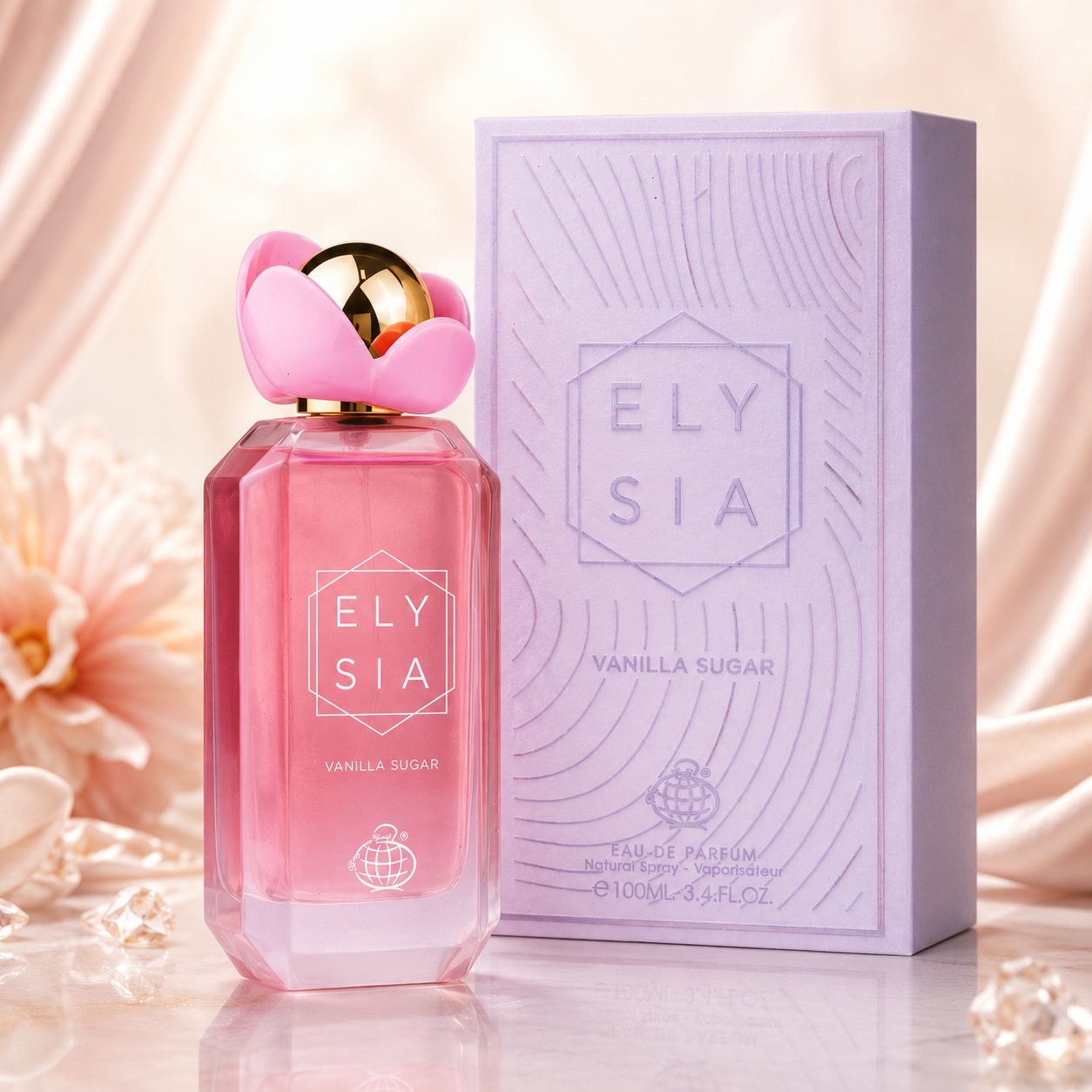 Parfum Arăbesc Fragrance World Elysia Vanilla Sugar 100 ml cu flacon roz și cutie lila elegantă
