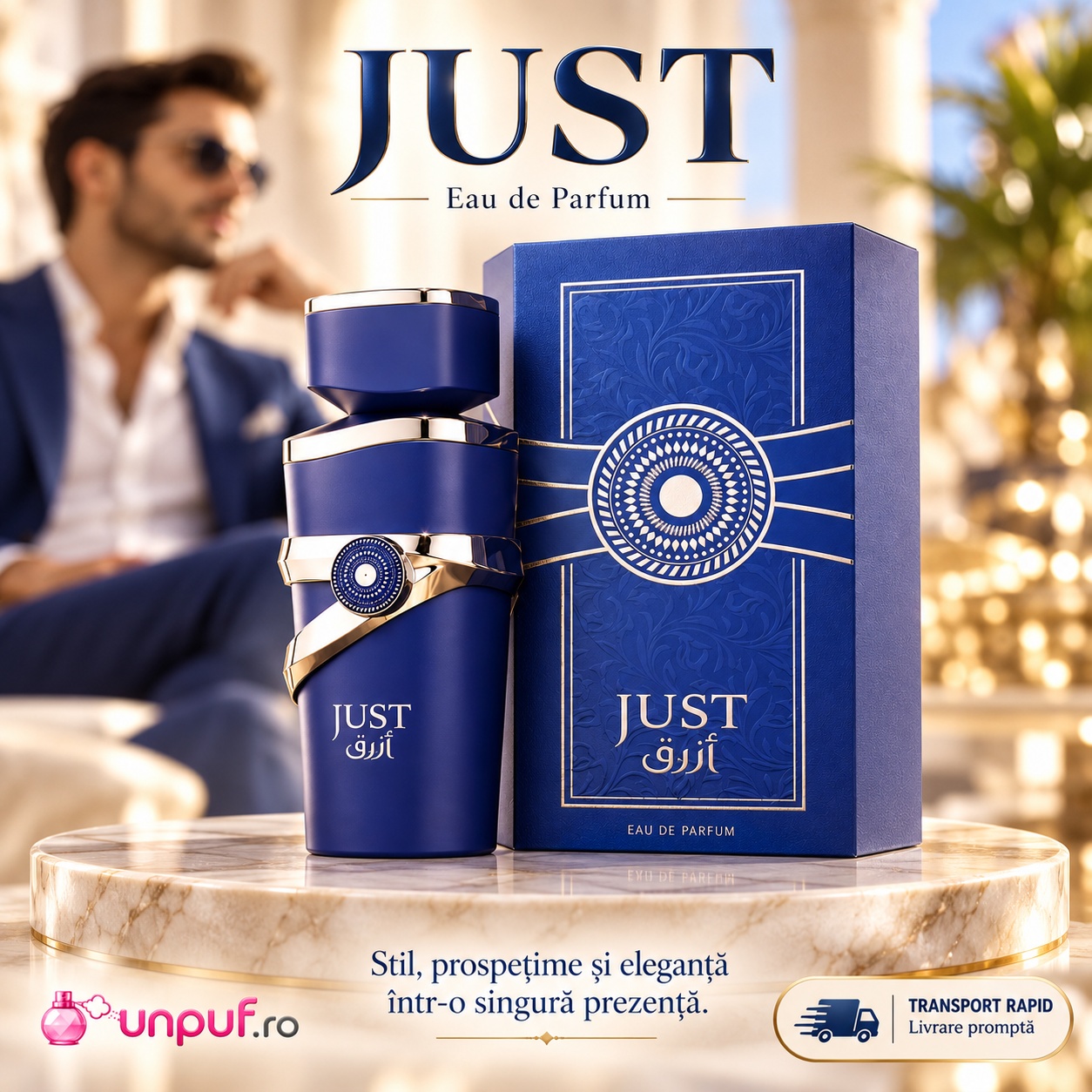 Fragrance World Just Azraq parfum bărbătesc fresh elegant și modern