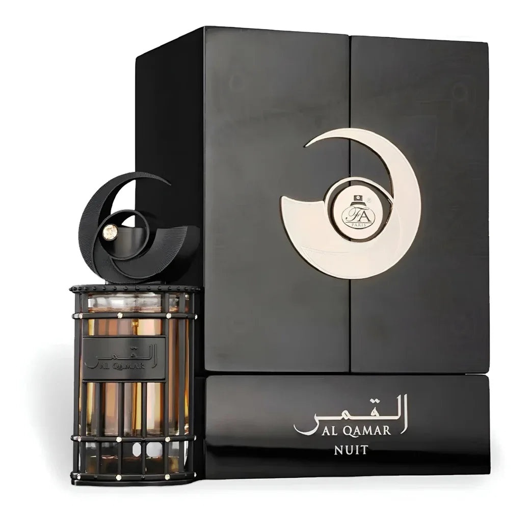 Produs real Al Qamar Nuit French Avenue 100 ml cu sticlă neagră aurie și cutie originală