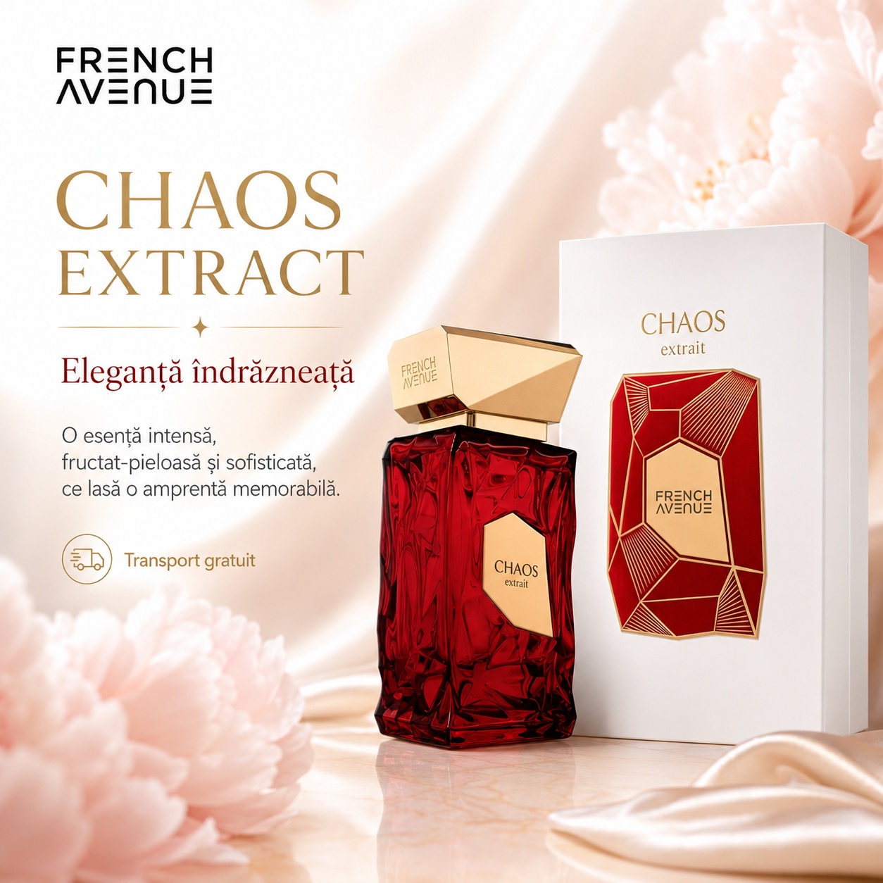 Prezentare Chaos Extract French Avenue cu sticlă roșie, cutie premium și transport gratuit