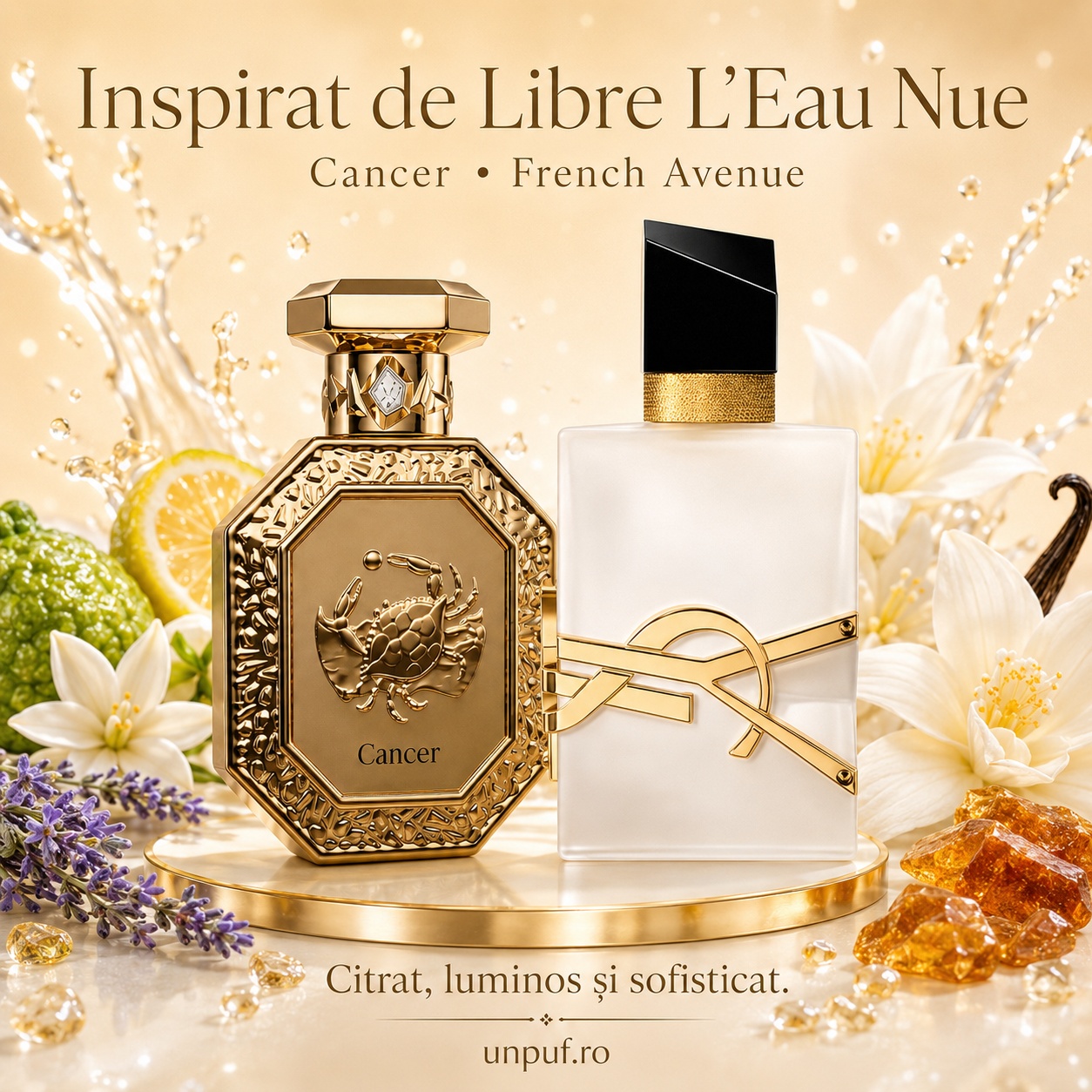 Parfum Genesis Cancer French Avenue inspirat de Libre L&rsquo;Eau Nue, citrat, luminos și sofisticat