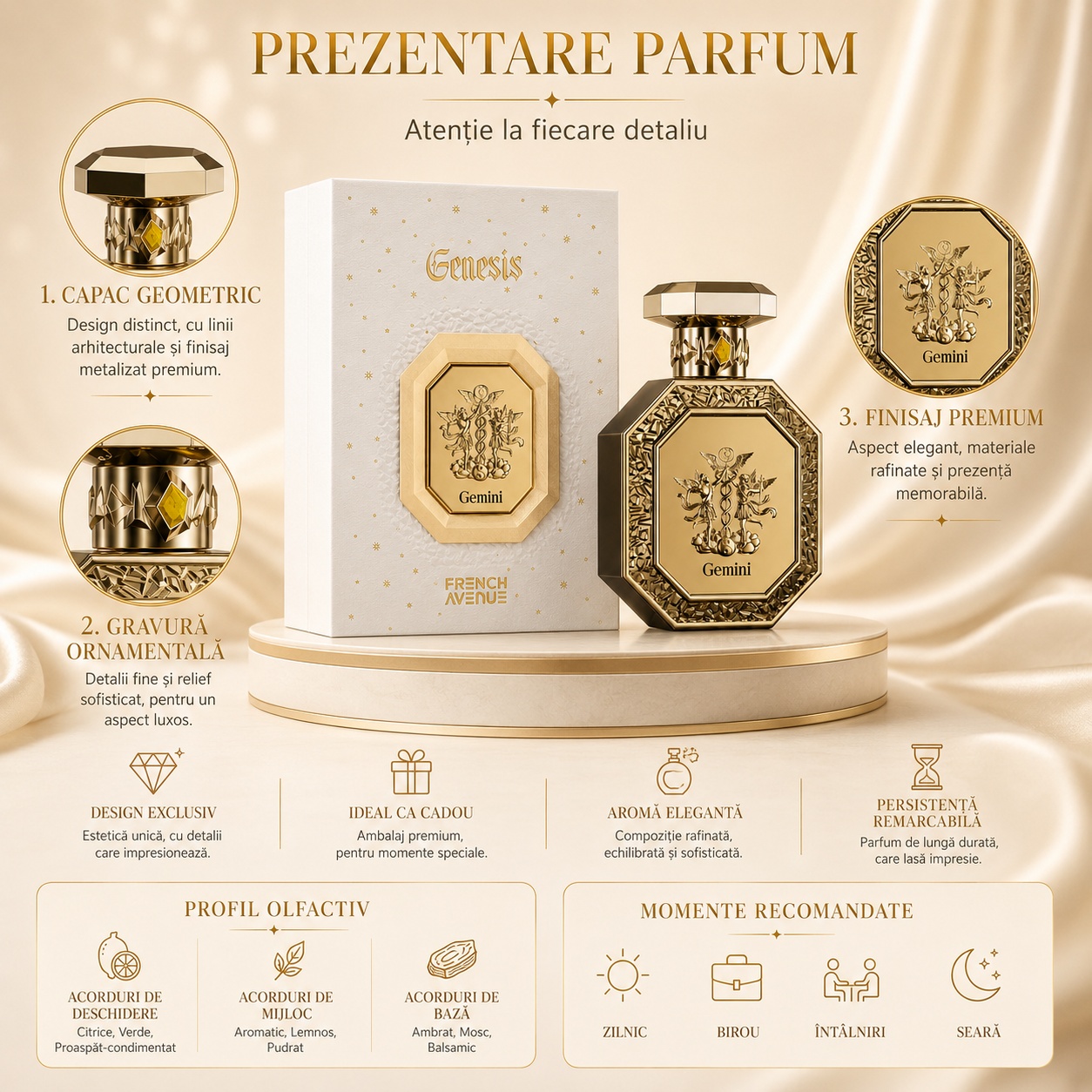 Prezentare parfum Genesis Gemini French Avenue cu detalii premium, capac geometric, gravură ornamentală și profil olfactiv
