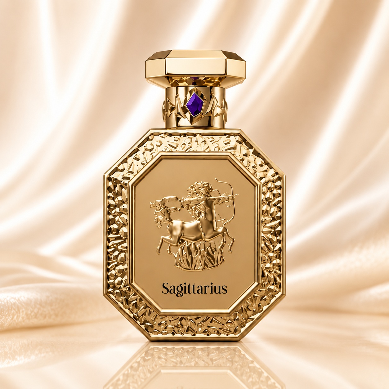 Sticlă parfum Genesis Sagittarius French Avenue 90 ml pe fundal satinat premium cu detalii aurii