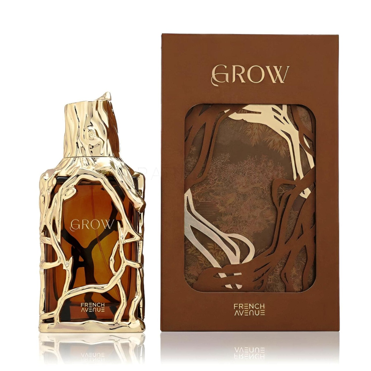 Produs real Grow French Avenue 100 ml cu sticlă brun ambrată, ramă aurie și cutie originală maro