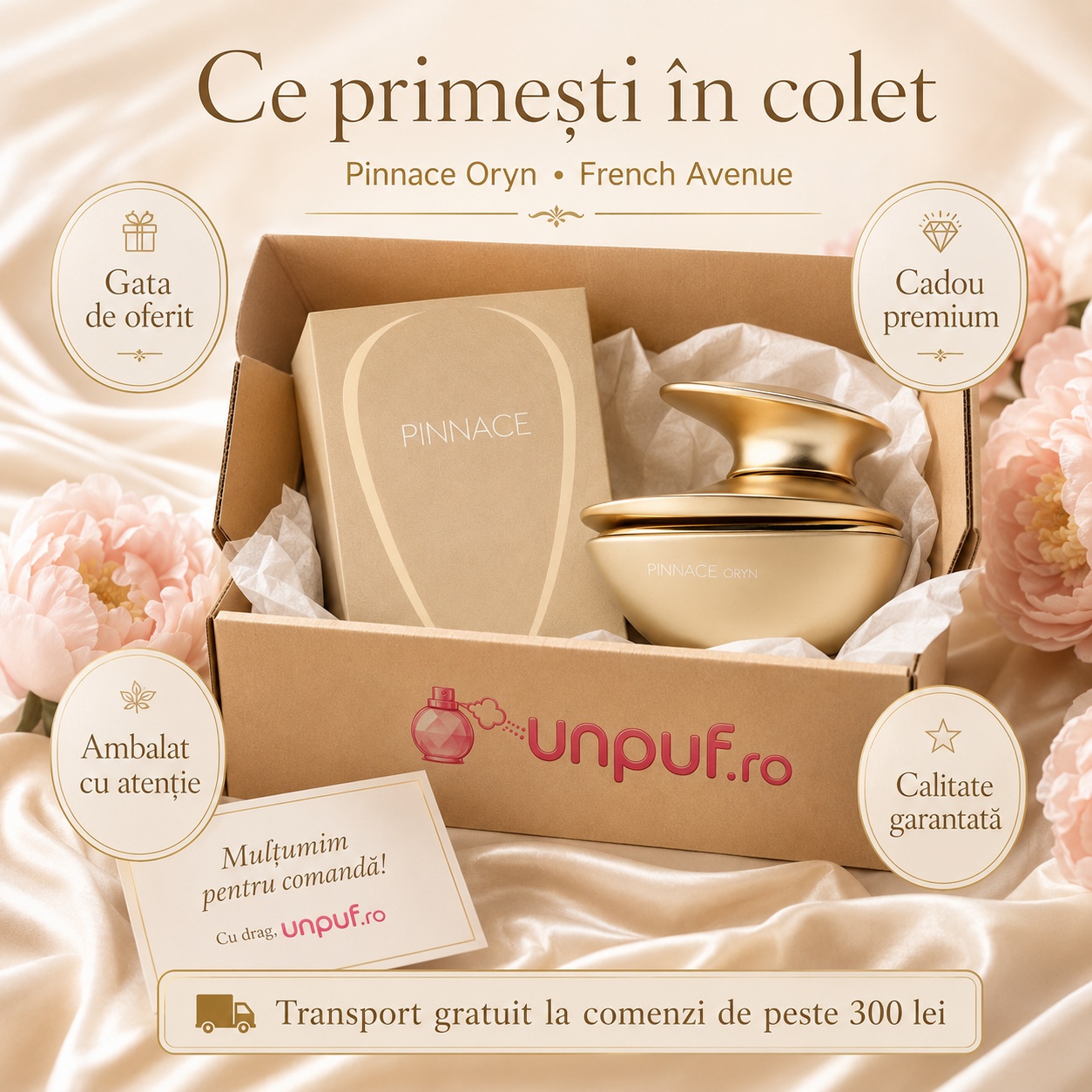 Ce primești &icirc;n colet parfum Pinnace Oryn French Avenue cadou premium ambalat cu atenție unpuf.ro