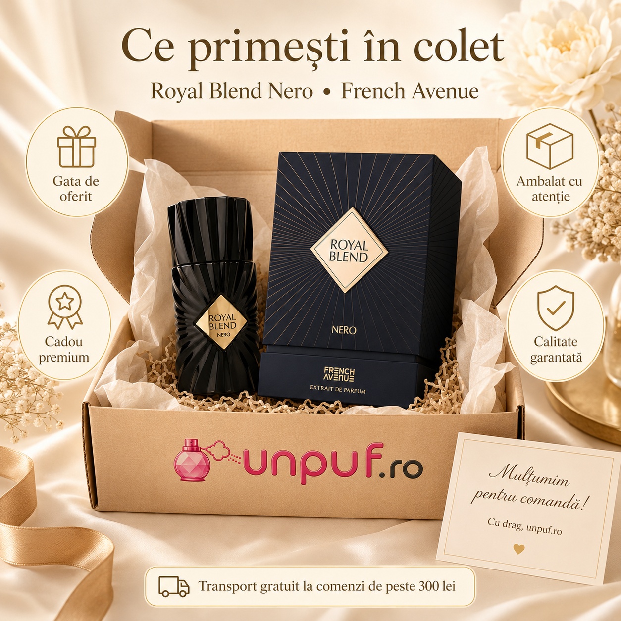Ce primești &icirc;n colet Royal Blend Nero French Avenue 100 ml ambalat cu atenție cadou premium unpuf.ro