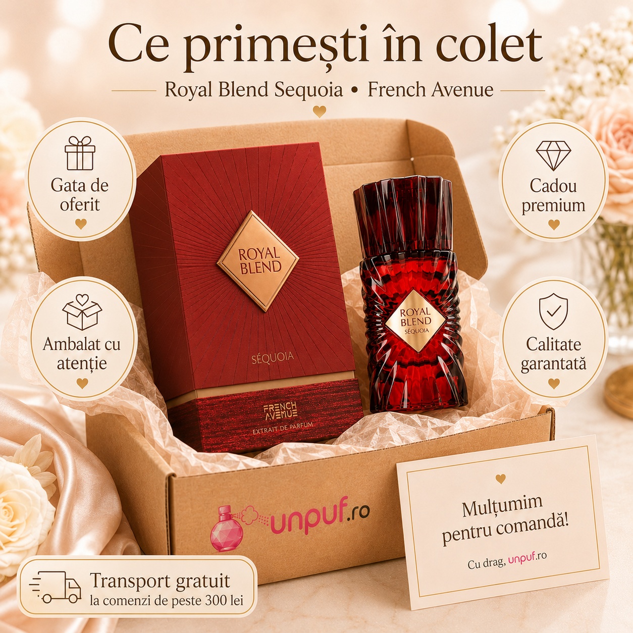 Ce primești &icirc;n colet Royal Blend Sequoia 100 ml cadou premium ambalat cu atenție unpuf.ro