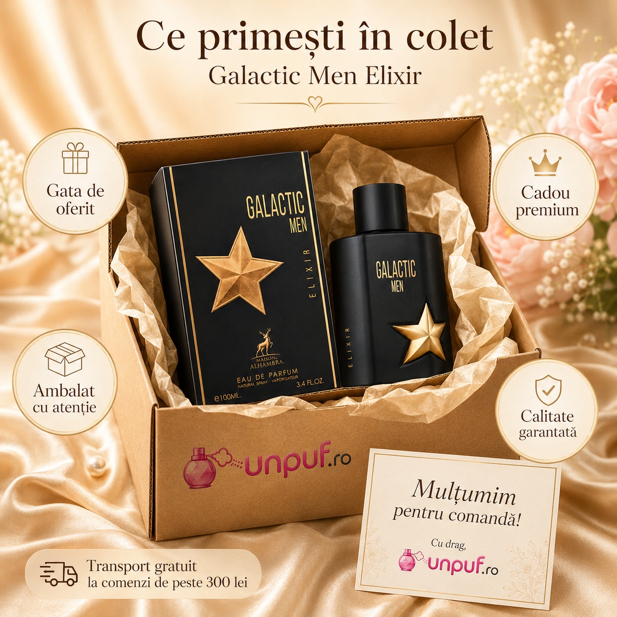 Ce primești &icirc;n colet Galactic Men Elixir Maison Alhambra 100 ml ambalat cu atenție cadou premium unpuf.ro